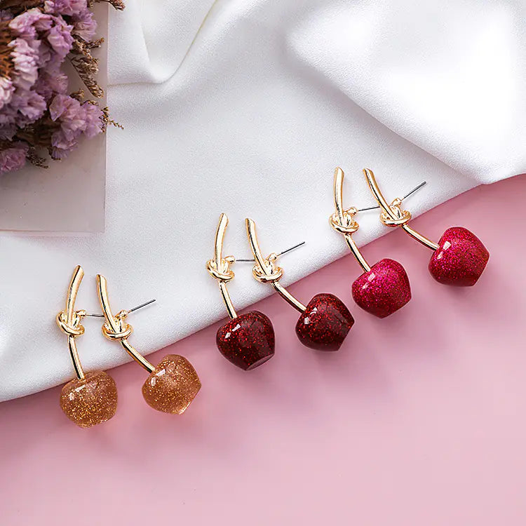 Japanese Style Cherry Earrings with Gold Accents