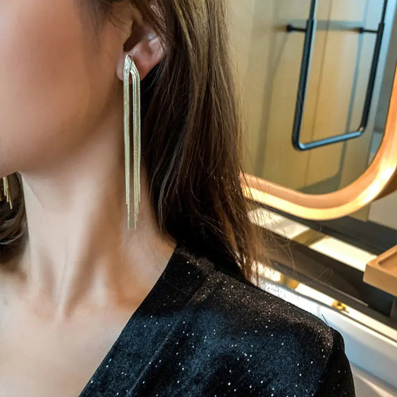 Gold Color Long Tassel Earrings for Women's Parties