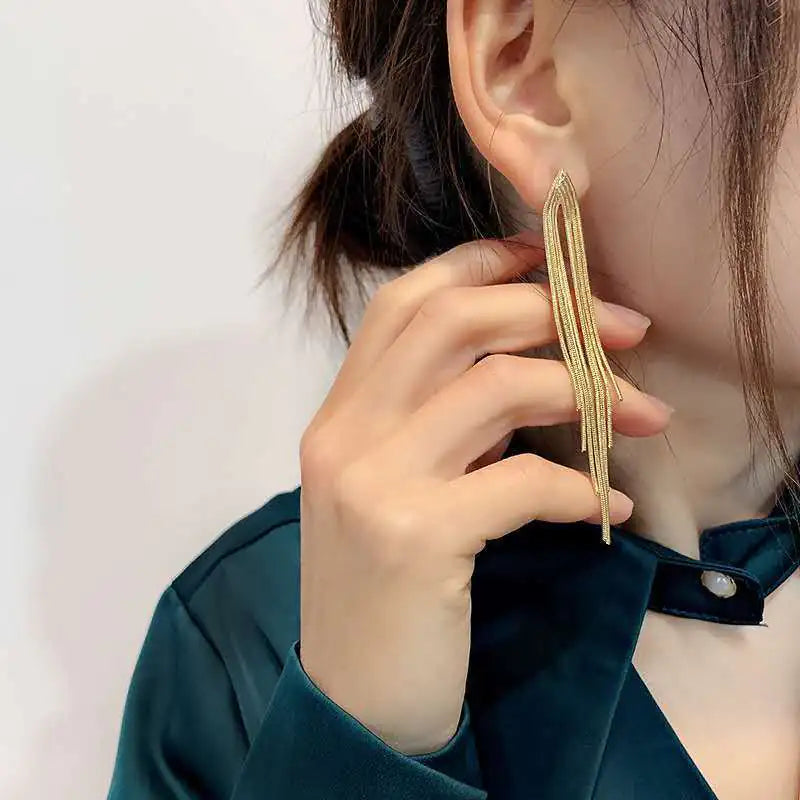 Gold Color Long Tassel Earrings for Women's Parties